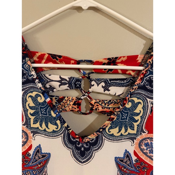JOHN PAUL RICHARD Womens XL Paisley Lattice Back Short Sleeve Dress Red Blue - Picture 2 of 6